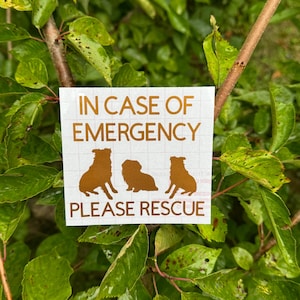 May include: A white sticker with the text "IN CASE OF EMERGENCY PLEASE RESCUE" in brown lettering. Three brown dog silhouettes are featured above the text. The sticker is set against a backdrop of green leaves.