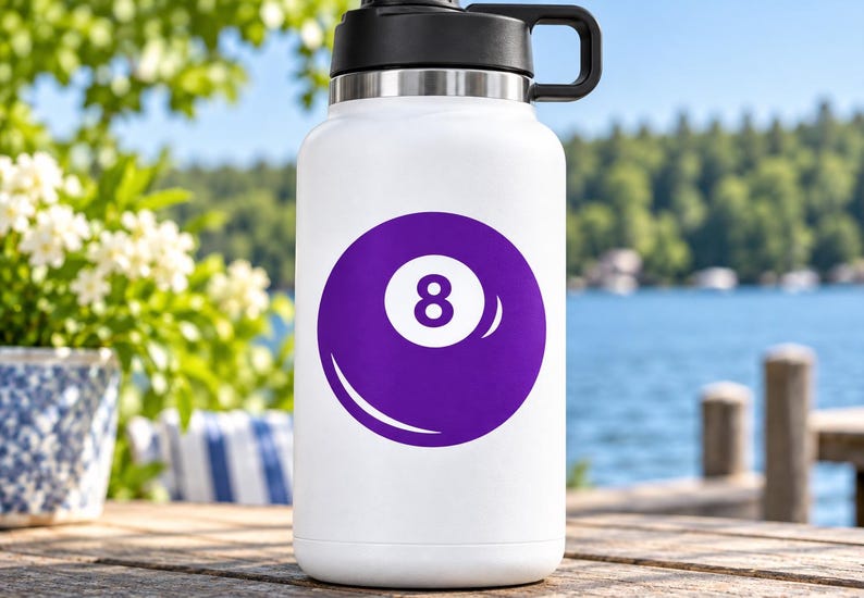 May include: A white insulated water bottle with a black lid and handle, featuring a large purple graphic of an eight ball with the number eight in white centered on the front of the bottle. The bottle has a smooth finish and a cylindrical shape.