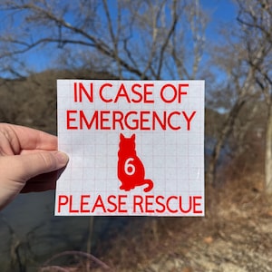 May include: A square, white sticker with red text and a red cat silhouette. The text reads "IN CASE OF EMERGENCY PLEASE RESCUE" with the number "6" inside the cat silhouette. The sticker is held up outdoors.