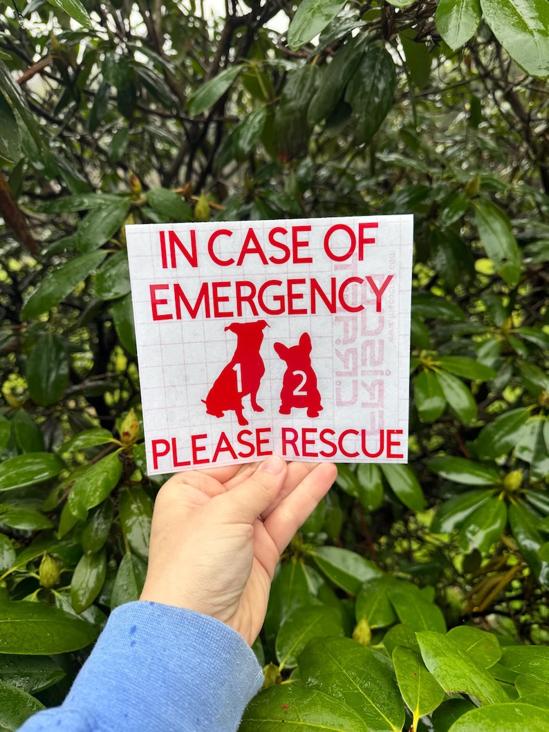 May include: A white sticker with red text that reads "IN CASE OF EMERGENCY PLEASE RESCUE." The sticker features two red dog silhouettes and the numbers 1 and 2. The sticker is held in front of a background of green leaves.