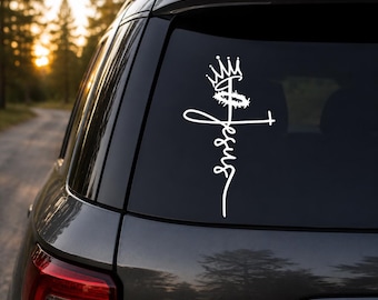 Jesus is King Decal, Religious Christian Decal, Cross Decal, Cross with Crown of Thorns Decal, Jesus Cross Decal, Jesus Decal