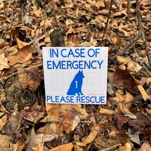 May include: A square white sticker with blue text and a blue dog silhouette. The text reads "IN CASE OF EMERGENCY PLEASE RESCUE". The sticker is placed on a bed of fallen leaves and twigs.
