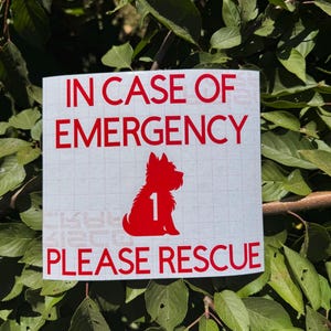 May include: A white square sign with red text that reads "IN CASE OF EMERGENCY PLEASE RESCUE". A red silhouette of a dog and the number 1 are also on the sign. The sign is surrounded by green leaves.