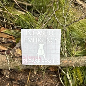 May include: White vinyl sticker with the text "IN CASE OF EMERGENCY PLEASE RESCUE" and a silhouette of a dog. The sticker is placed on a tree branch with a background of green pine needles.