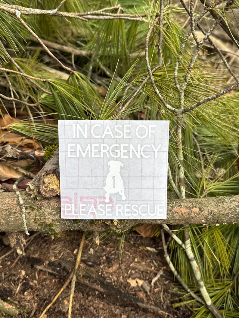 May include: White vinyl sticker with the text "IN CASE OF EMERGENCY PLEASE RESCUE" and a silhouette of a dog. The sticker is placed on a tree branch with a background of green pine needles.