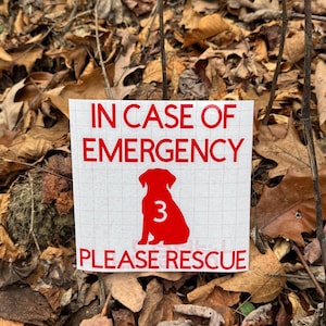 May include: A white square sign with red text that reads "IN CASE OF EMERGENCY PLEASE RESCUE". A red silhouette of a dog with the number 3 is in the center of the sign. The sign is surrounded by fallen leaves.