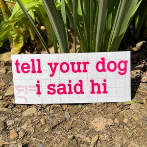 Puede incluir: Una pegatina rectangular blanca con el texto "tell your dog i said hi" en rosa brillante. El texto está dispuesto en dos líneas. La pegatina está colocada sobre tierra marrón y plantas verdes.