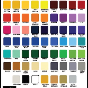 May include: A color chart displaying a variety of vinyl colors, including shades of yellow, orange, red, blue, green, brown, grey, and metallic options. Text at the top reads "Vinyl Colors." The bottom text states "color may not be 100% match due to vinyl material."
