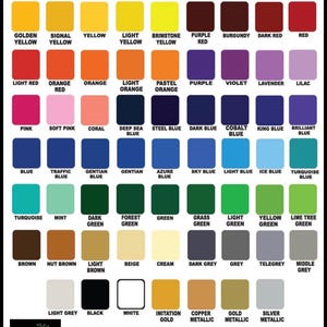 Peut inclure: Un nuancier intitul&eacute; Vinyl Colors pr&eacute;sentant une grille de soixante-quatre carr&eacute;s de couleurs vari&eacute;es, incluant des jaunes, rouges, violets, bleus, verts, marrons, gris et m&eacute;tallis&eacute;s, avec une mention pr&eacute;cisant que la couleur peut varier.