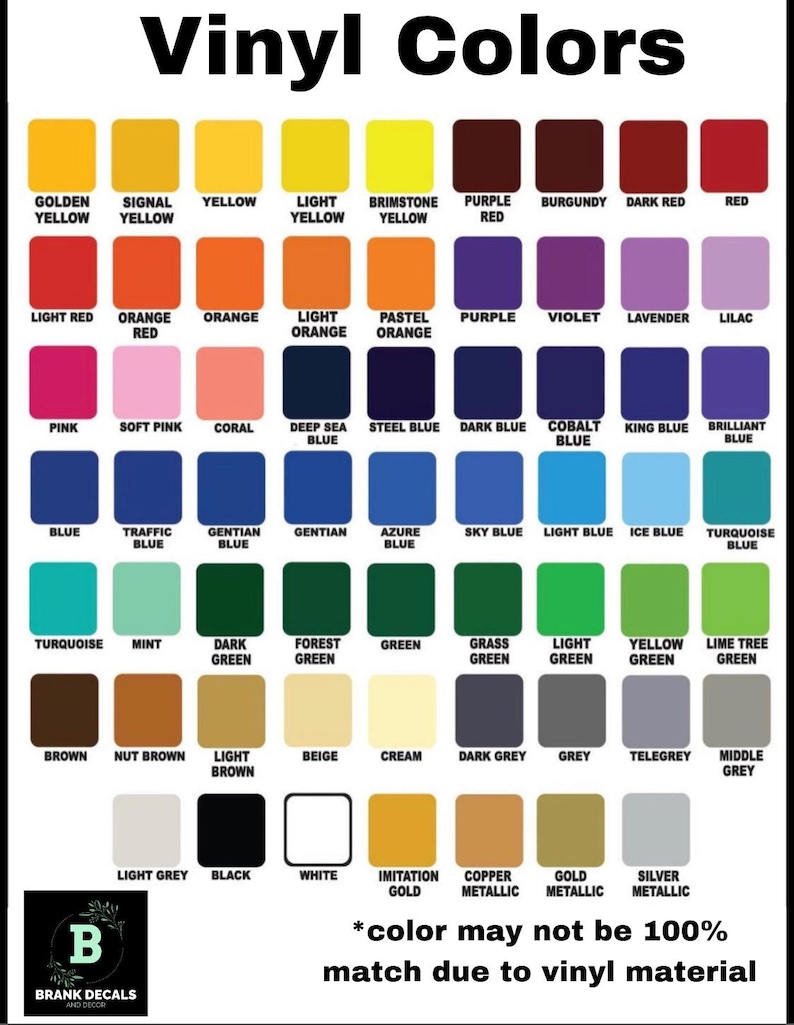 Peut inclure: Un nuancier intitul&eacute; Vinyl Colors pr&eacute;sentant une grille de soixante-quatre carr&eacute;s de couleurs vari&eacute;es, incluant des jaunes, rouges, violets, bleus, verts, marrons, gris et m&eacute;tallis&eacute;s, avec une mention pr&eacute;cisant que la couleur peut varier.