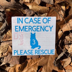 May include: A white sticker with blue text and a cat silhouette. The text reads "IN CASE OF EMERGENCY PLEASE RESCUE" with a cat graphic and the number "3". The sticker is on a bed of brown leaves.