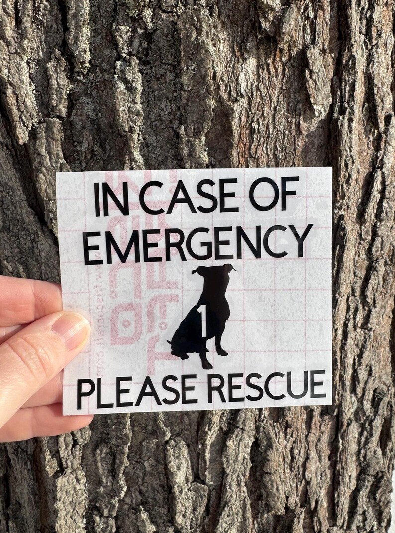 May include: A white square sticker with black text that reads "IN CASE OF EMERGENCY PLEASE RESCUE". A black silhouette of a dog is in the center with the number "1" inside. The sticker is held in front of a tree trunk.