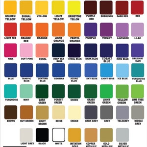 May include: A color chart titled Vinyl Colors displaying a grid of numerous square color swatches with labels including Golden Yellow, Red, Purple, Blue, Green, Brown, Grey, Black, White, and metallic shades, with a disclaimer about color matching.
