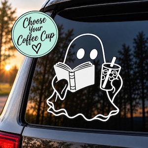 May include: A white vinyl decal featuring a ghost reading an open book and holding a cup with a straw. A circular light blue sticker with the black text Choose Your Coffee Cup and a heart symbol is positioned in the upper left corner.