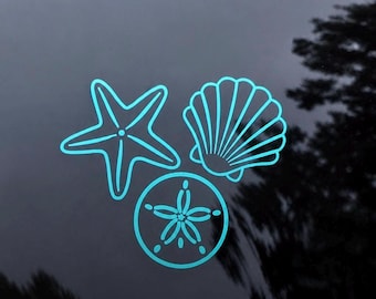 Seashell Decal, Coastal Decal, Beach Car Sticker, Starfish Decal, Sand Dollar Decal, Ocean Lover Gift, Jeep Beach Decal