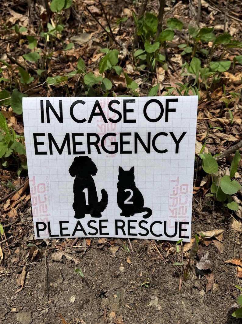 May include: A white sign with black text that reads "IN CASE OF EMERGENCY PLEASE RESCUE." Silhouettes of a dog and cat are below the text, with the numbers 1 and 2 inside. The sign is placed on a bed of leaves and dirt.
