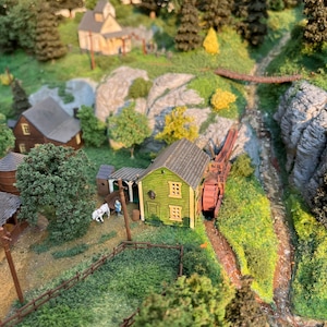 Pu&ograve; includere: Un modello in miniatura di una piccola citt&agrave; con un mulino ad acqua in legno verde, un ponte in legno e un ruscello che attraversa la citt&agrave;. Il modello &egrave; situato in una zona boscosa con alberi e rocce.