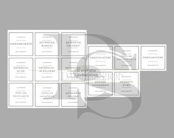 May include: Twelve black and white labels with text in Italian for laundry products. The labels are for laundry detergent, fabric softener, dryer sheets, stain remover, and other laundry supplies.