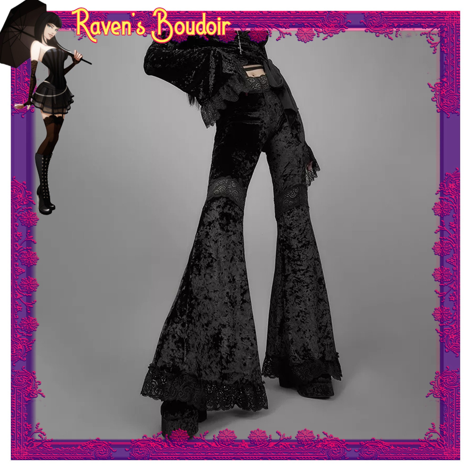 Black Velvet Rosette Ruched Front Flared Pants