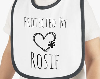 Personalized Protected By Pet Baby Contrast Trim Jersey Bib. Baby's First Best Friend on the Job Protecting Baby Personalized with Pet Name