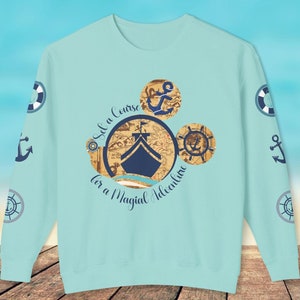 Sweat-shirt ras du cou léger personnalisé imprimé aventure sur la mer magique de Mickey, chemise croisière familiale, carte au trésor, voyage magique, bateau ancré