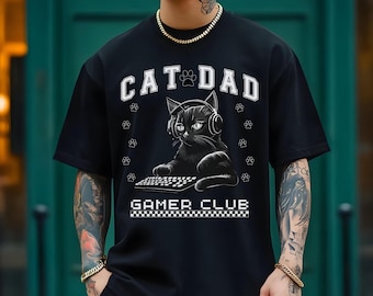 Funny Cat Dad Gamer Club T-Shirt, Gamer Gift For Him, Cat Dad Father's Day Gift for Husband, Boyfriend, Son or Son in Law, Cat Lover Gift