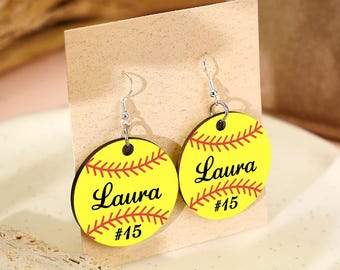 Personalized Baseball Softball Wooden Earrings | Custom Name Sports Jewelry | Gift for Player, Mom, Fan, Coach