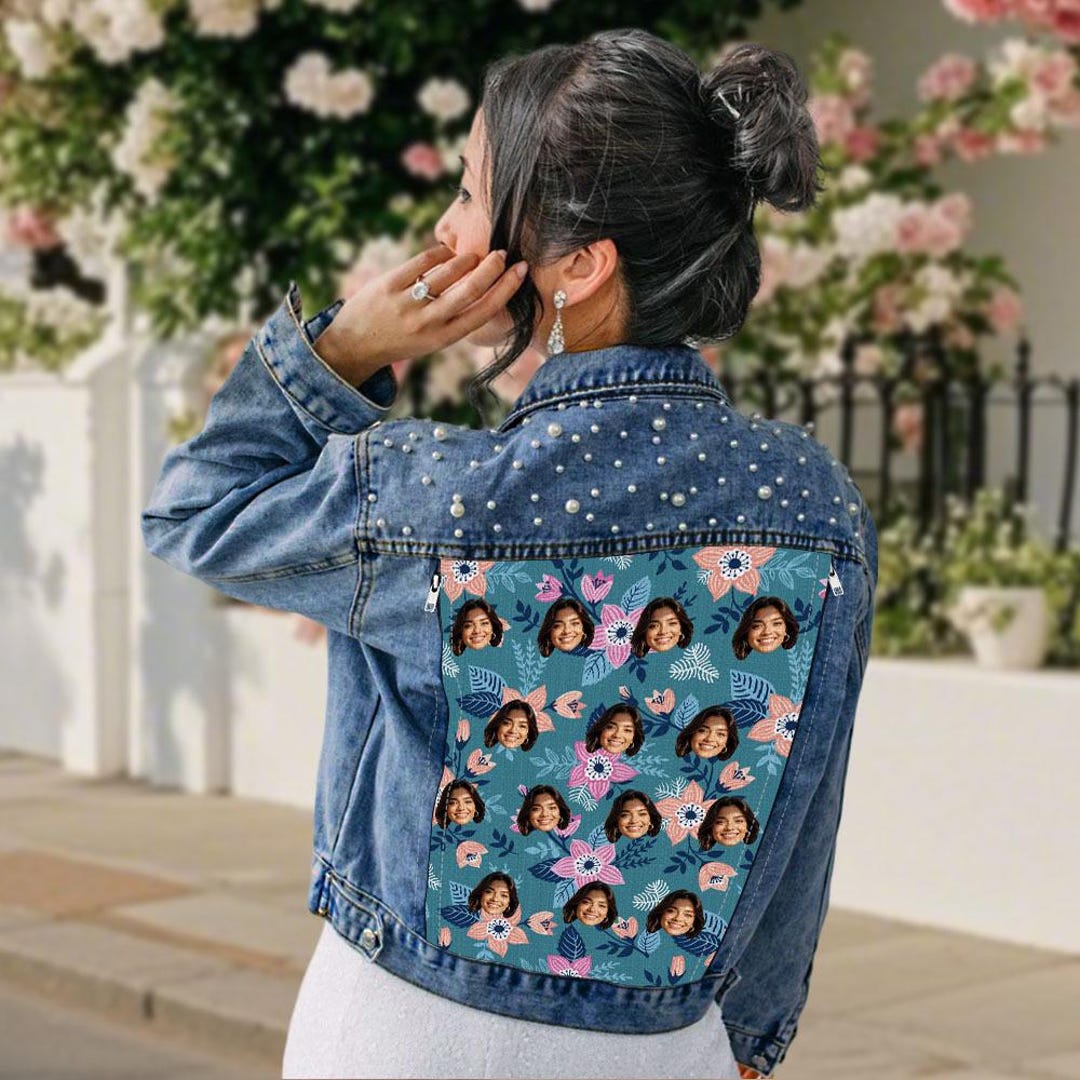 Personalized Funny Jean Jacket With Pearl Custom Face Hawaiian