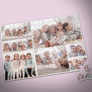 May include: A rectangular jigsaw puzzle featuring multiple photos of children. The puzzle pieces are interlocked, with a few pieces separate. The photos show children in pajamas, smiling and hugging each other. The puzzle is on a pink background.