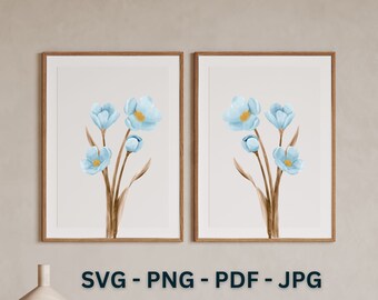 Blue Flower Digital Art Bundle - Svg, PNG, JPG, PDF