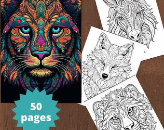 50 Mandalas Animals Coloring Page Book - Coloring Pages for kids and adults, Instant download, Printable PDF file