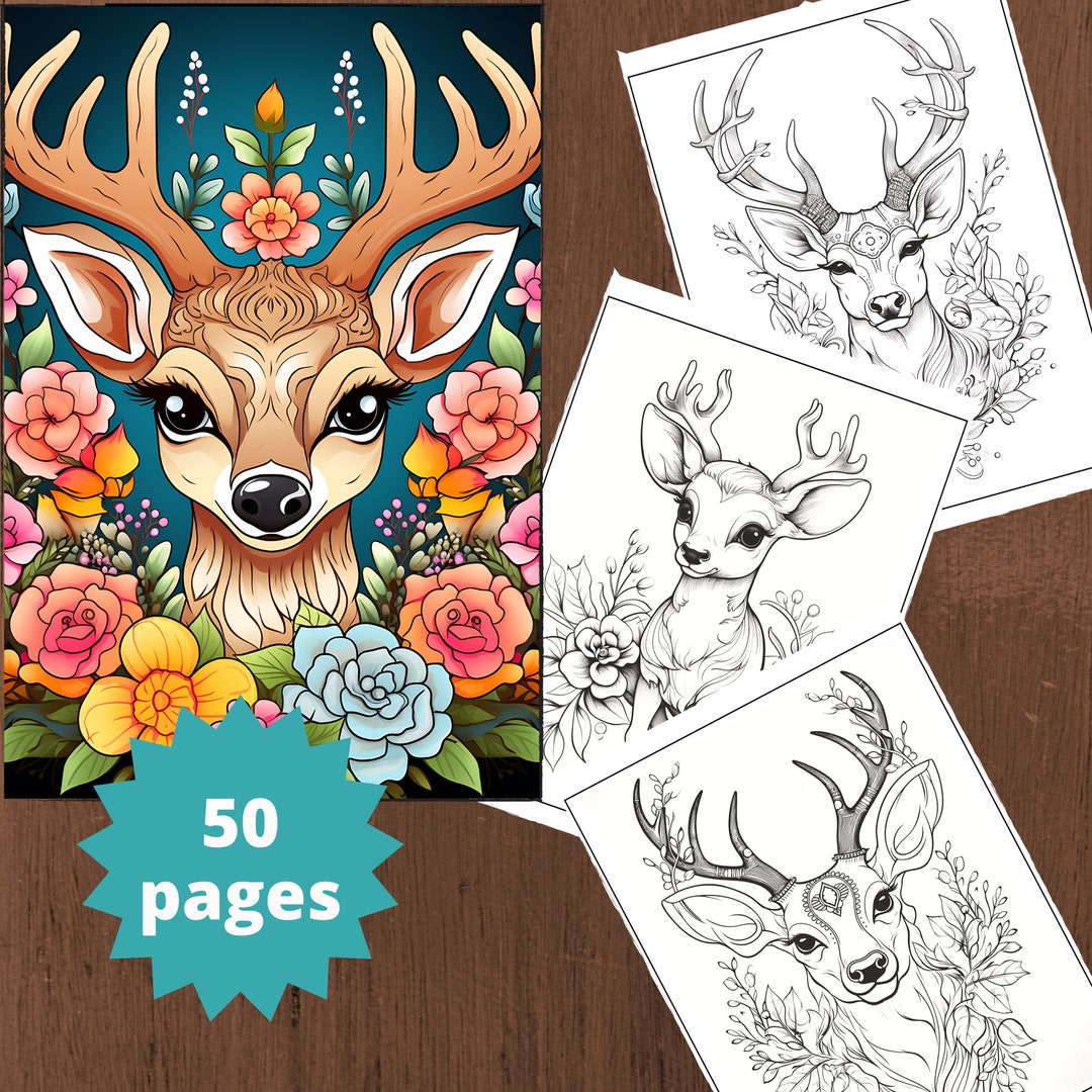Deer Coloring Page, Coloring Book for Adults, Cute Coloring Book ...