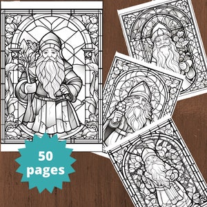 50 Stained Glass Santa Claus Coloring Pages, Santa Claus  Coloring Pages, Coloring Book for Adults, Printable PDF file, Instant download