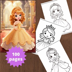 100 Princess Coloring Book, Printable Fairytale Princess Castle Coloring Pages, Grayscale Coloring Book for Adults and Kids