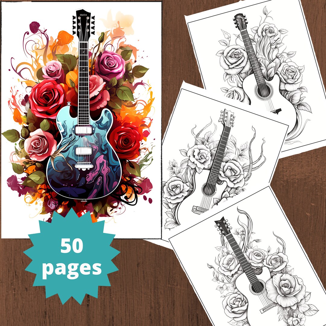 Guitar Coloring Page, Coloring Book for Adults, Guitar Coloring Book ...