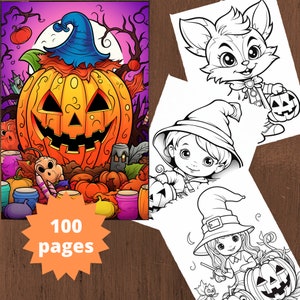 100 Halloween Coloring Pages, Printable Gothic Pumpkin Witch Girls Coloring Pages, Grayscale Halloween Coloring Book for Adults and Kids