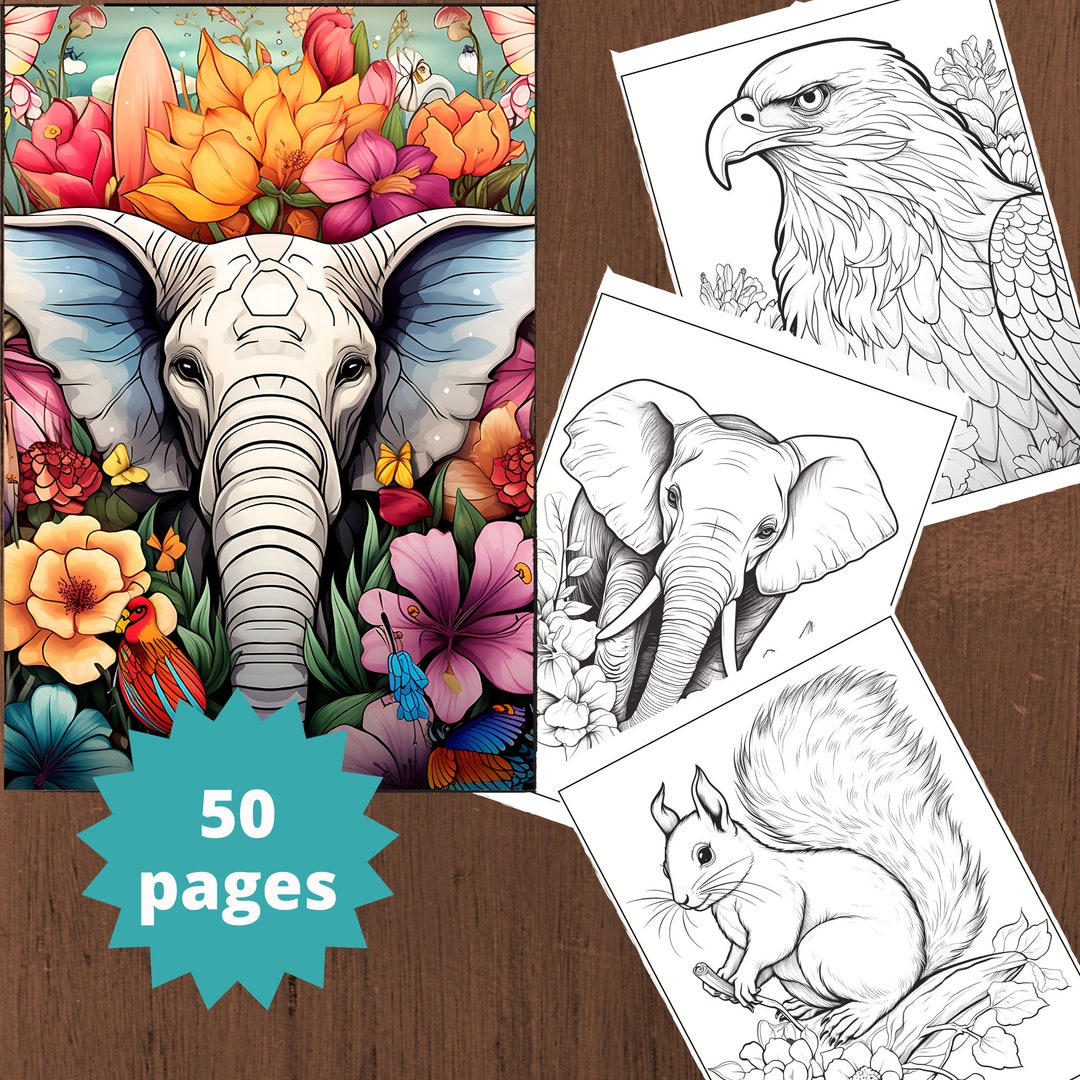 50 Animal Coloring Pages, Coloring Pages for Adults, Coloring Book for ...