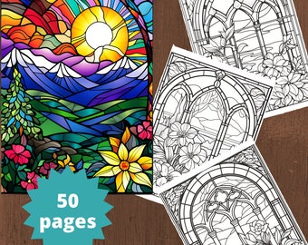 50 Stained Glass Landscape Coloring Page - Coloring Pages for kids and adults, Instant download, Coloring Book, Printable PDF file