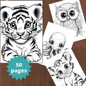 50 Wild Animals Coloring Pages. Wild Animals Coloring Book, Printable Grayscale Coloring Sheets, Coloring for Kids and Adult. Download PDF