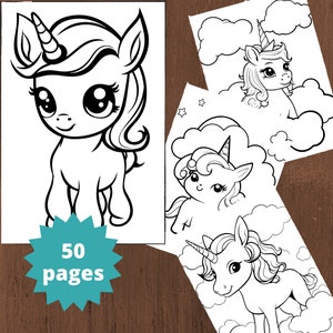 50 Einhörner Fantasy Malvorlagen Buch, Erwachsene+Kinder, Sofort Download, Printable PDF, Graustufen Malseite