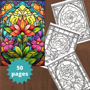 Stained Glass Coloring Page - Coloring Pages for kids and adults, flowers coloring, coloring flower, Coloring Book, Printable PDF file