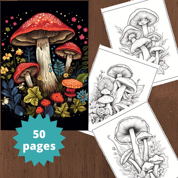 50 Mushrooms Coloring Page - Coloring Pages for kids and adults, Instant download, Coloring Book, Printable PDF file