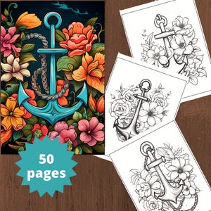 Flower Anchor Coloring Page, Coloring Book for Adults, Nautical Love Coloring Book, Digital Coloring, Printable PDF file, Instant download