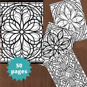 50 Stained Glass Mandala Coloring Pages, Printable PDF Sheets, Instant Download, Grayscale Coloring, Coloring for Adults