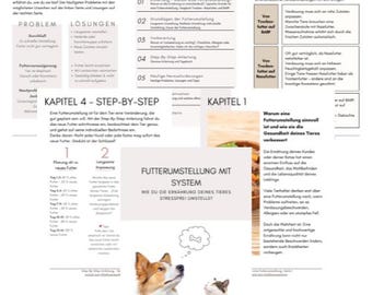 May include: A guide to dog and cat food transitions, featuring a step-by-step system for switching pet food. The guide includes chapters on common challenges, a step-by-step plan, and the differences between raw, dry, and wet food. The cover features a cartoon dog and cat looking up at a thought bubble with a bone inside.