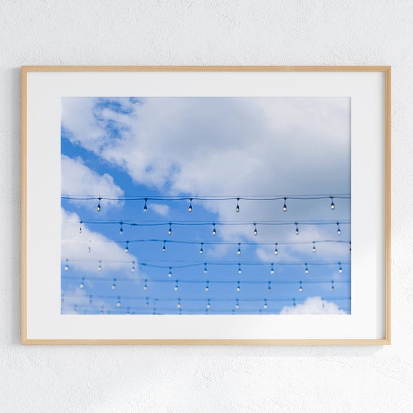 Blue Sky with String Lights Photo, Digital Download, Sky Photography, Cloud Photography, Blue and White Wall Art, Sunny Sky with White Cloud