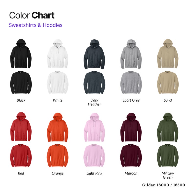 Op de afbeelding: Kleurenkaart met 10 verschillende kleuren Gildan 18000/18500 sweatshirts en hoodies. De kleuren zijn zwart, wit, donker grijs melange, sport grijs, zand, rood, oranje, licht roze, bordeauxrood en legergroen.