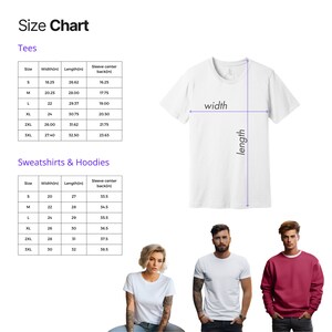 May include: Size chart for t-shirts and sweatshirts with measurements in inches. The chart shows the width, length, and sleeve center back measurements for different sizes, from S to 3XL. The chart is accompanied by images of models wearing the garments.