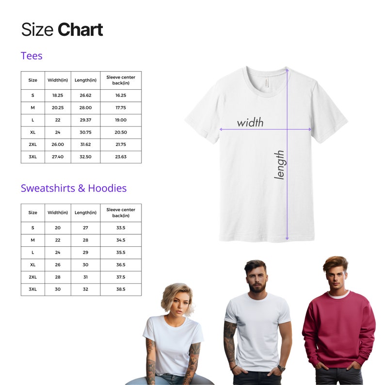 May include: Size chart for t-shirts and sweatshirts with measurements in inches. The chart shows the width, length, and sleeve center back measurements for different sizes, from S to 3XL. The chart is accompanied by images of models wearing the garments.
