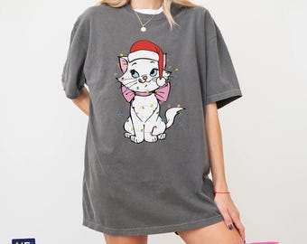 Chemise guirlande lumineuse Disney Santa Marie Cat, T-shirt de Noël des Aristochats Marie, chemise assortie pour Noël famille Disneyland, fête de Noël
